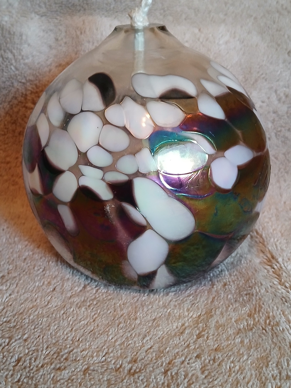Handblown Art Glass Orb Oil Lamp- Iridescent with White Patches California Glass